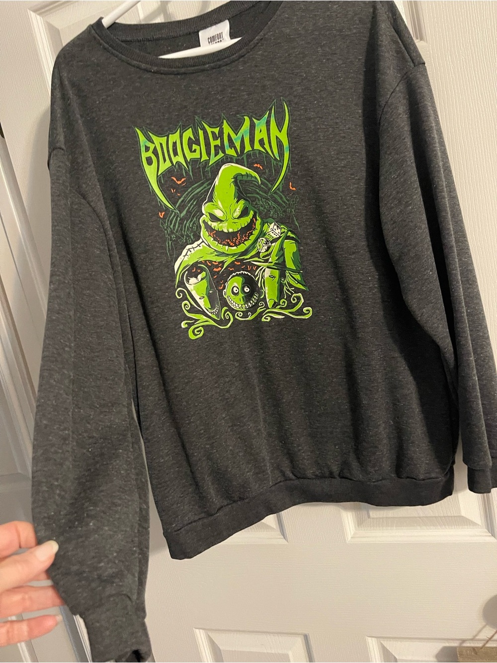 Comfort Colors Dark Gray Crewneck with Neon Green Boogieman Graphic - Picture 2 of 5